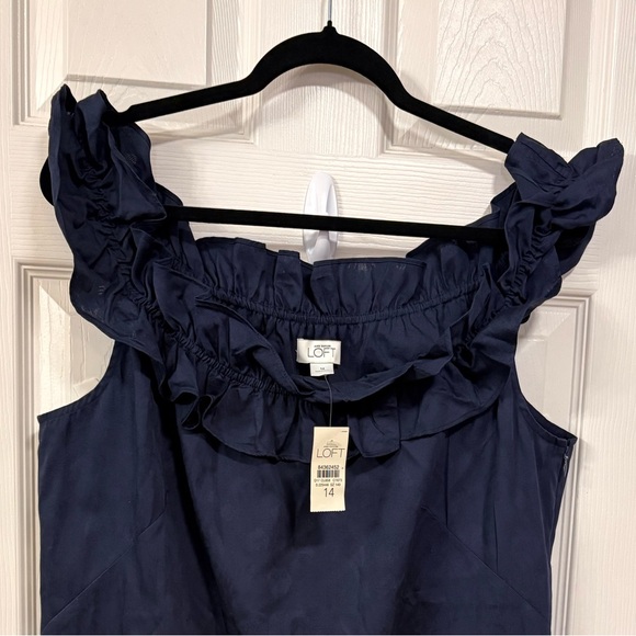 LOFT Navy mini with ruffle neckline Off shoulder Dress Vacation Dress Cocktail - Picture 5 of 7